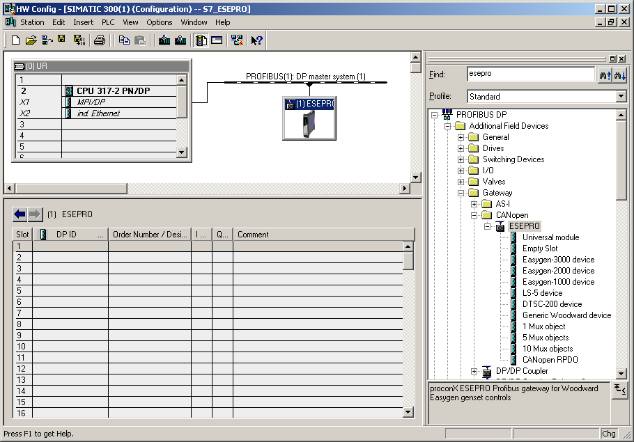 ESEPRO Profibus gateway commissioning with Step 7