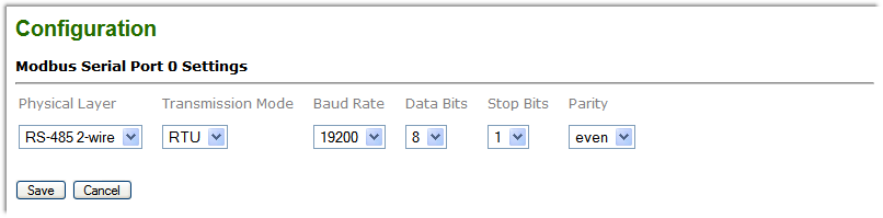 Modbus settings screen