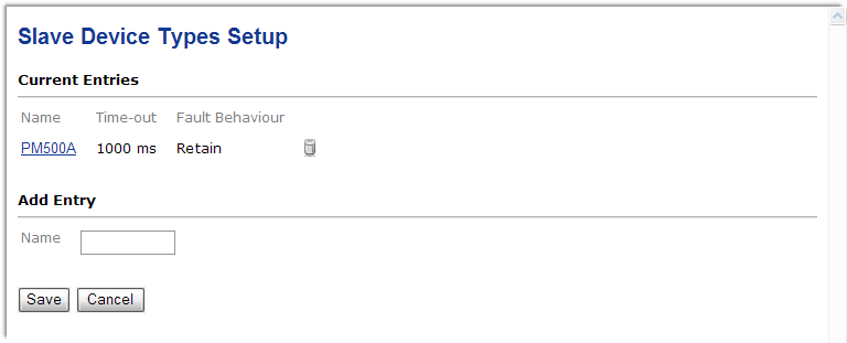 Slave Device Types Setup page