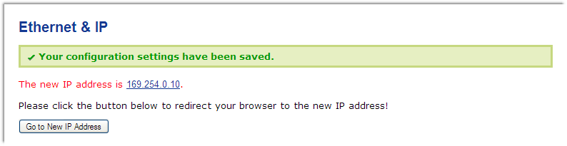 IP settings changed confirmation screen