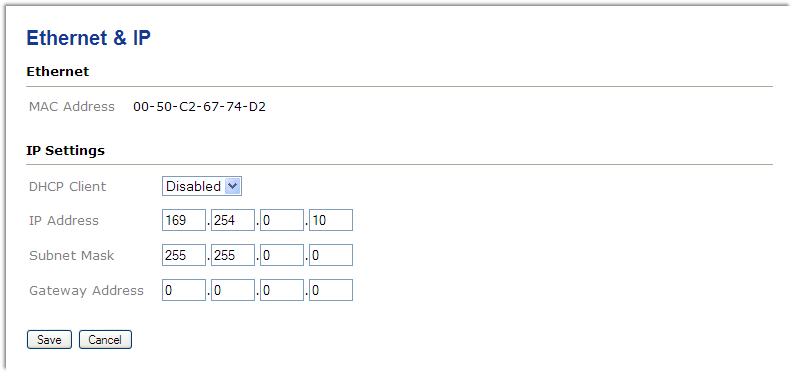 Ethernet and IP settings screen